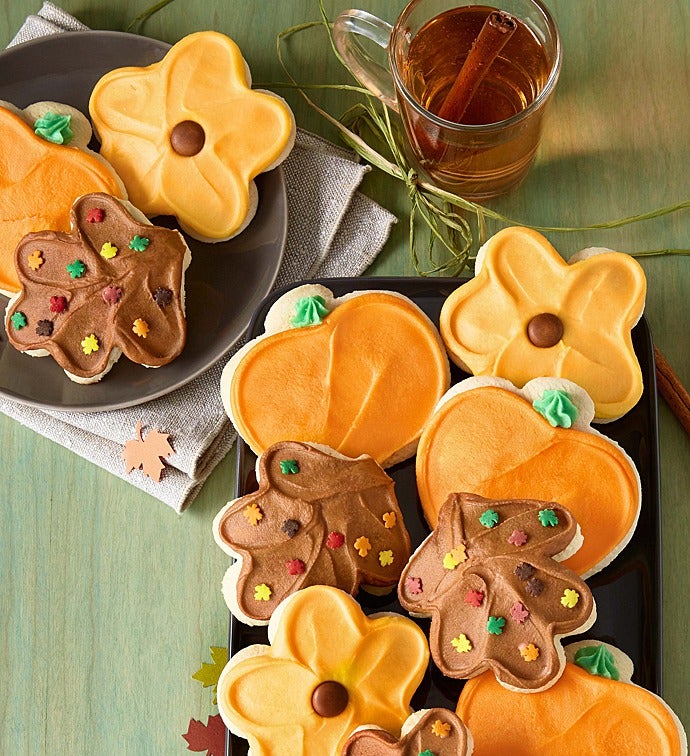 Buttercream Frosted Sunflower, Leaf and Pumpkin Cut out Cookies