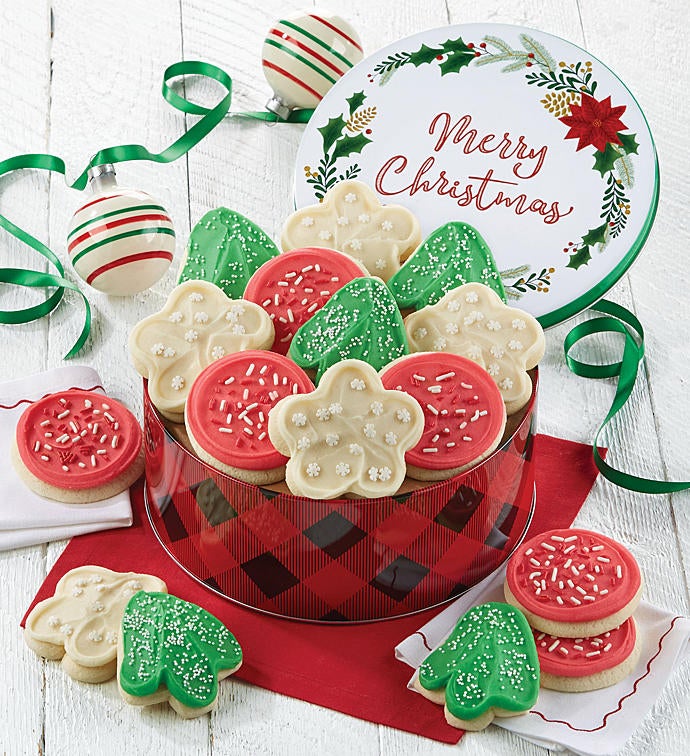 Merry Christmas Gift Tin Frosted Holiday Cut outs