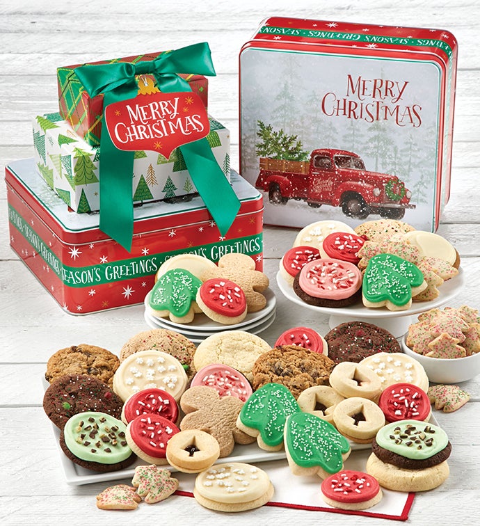 Traditional Merry Christmas Gift Tin Tower