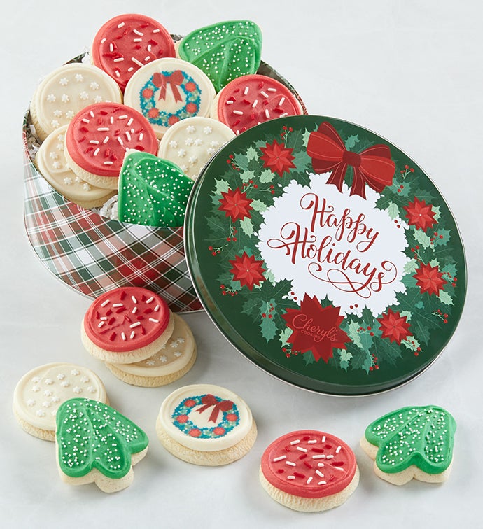 Traditional Happy Holidays Gift Tin Buttercream Frosted Sugar Cookies