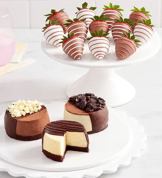 https://www.flowers.com/blog/wp content/uploads///womens day gifts with Cheesecake Trio with Gourmet Drizzled Strawberries