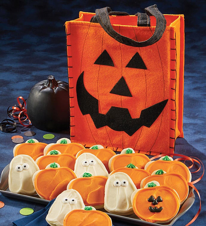 Buttercream Frosted Halloween Cut out Cookies with Trick or Treat Tote