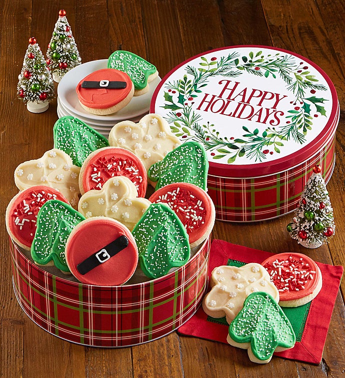 Happy Holidays Gift Tin Holiday Frosted Cut-Out Assortment