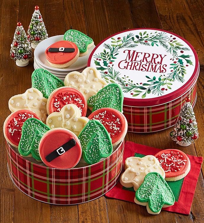 Merry Christmas Gift Tin Frosted Holiday Cut outs