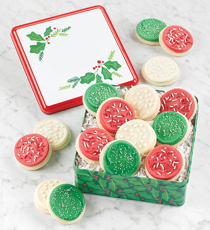 Holly Gift Tin   Buttercream Frosted Cut out Cookies