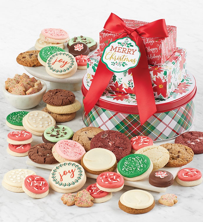 Traditional Merry Christmas Gift Tin Tower By Cheryl's - Cookies Delivered - Cookie Gift Baskets - Christmas Gifts