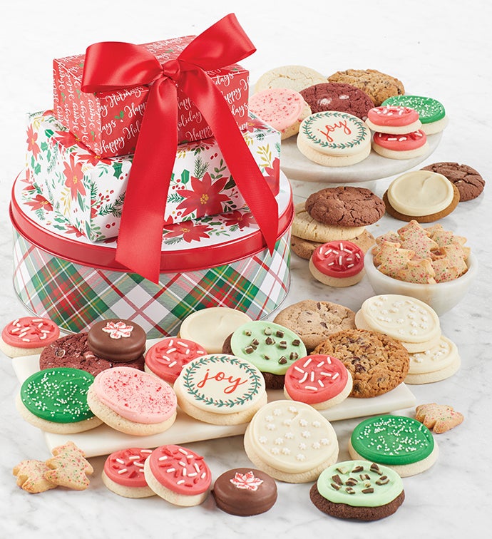 Traditional Happy Holidays Gift Tin Tower