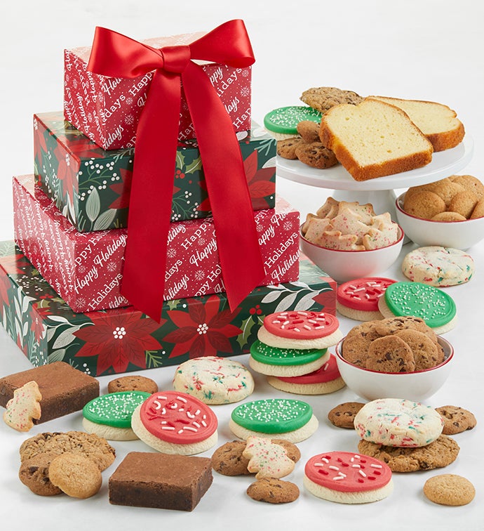 Traditional Happy Holidays Bakery Gift Tower