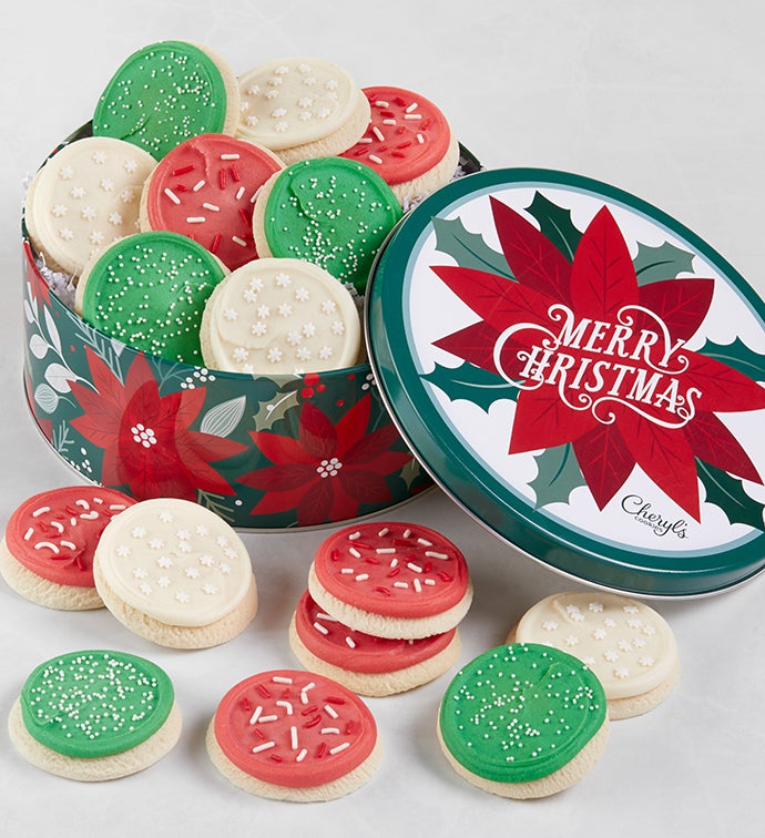 Traditional Merry Christmas Poinsettia Gift Tin   Buttercream Frosted Sugar Cookies